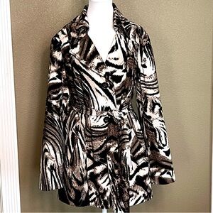 SUSAN GRAVER Animal Print Belted Short Trench Coat Jacket Brown Black Size Large
